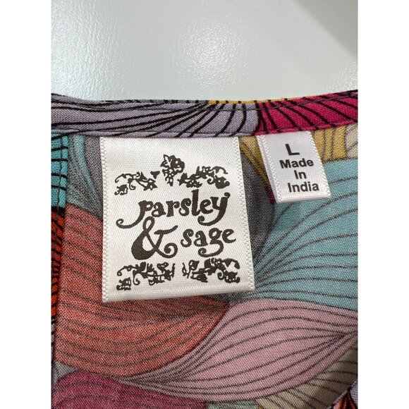 Parsley and Sage Maxi Dress Size Large Leaf Print Ruffle Hem Multicolor Artsy - Picture 3 of 6